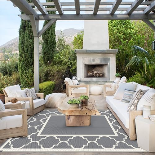 GENIMO Outdoor Rug, Waterproof Plastic Rugs for Patio, 6'x9' Grey White - Image 2