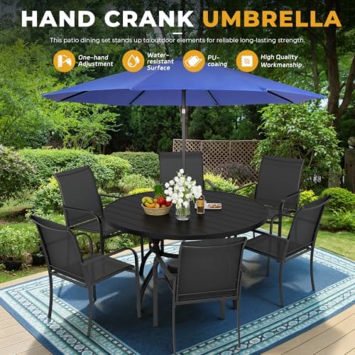 Incbruce 8 PCS Patio Dining Set with Dark Blue Umbrella, Outdoor Dining Set of 6 Textilene Chairs and 53" Round Table with Umbrella Hole for Backyard, Garden, and Poolside (Black) - Image 6