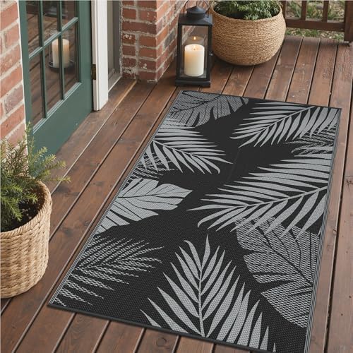 GENIMO Outdoor Rug 3'x5' Waterproof for Porch, Plastic Door Mat Black Grey by GENIMO
