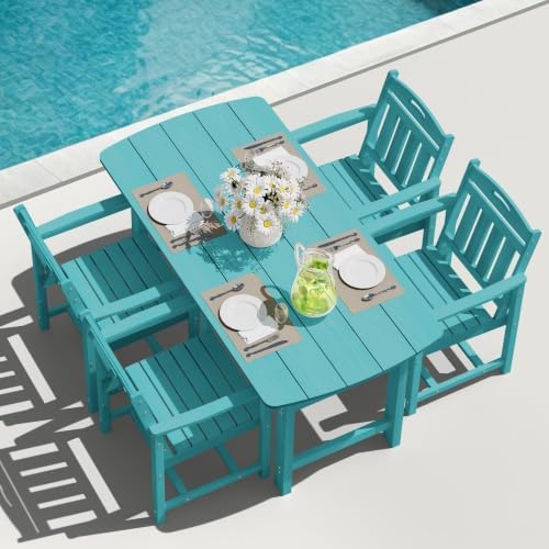 HDPE Outdoor Dining Set, Patio Table and 4 Chairs, 2" Umbrella Hole, Lake by Suunyn