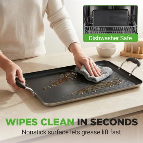 NutriChef 24" Stove Top Griddle Pan, Nonstick Double Burner Grill & Griddle Combo, Ridged & Flat Surfaces, Suitable for Frying & Searing, Cool-Touch Handles, Easy to Clean, Black - Image 5