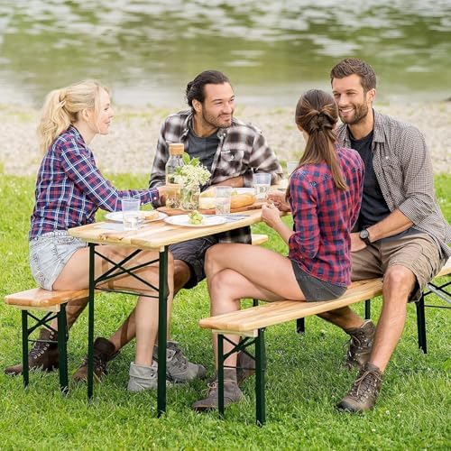 NAFORT 6FT Picnic Table Set, 3-Piece Folding Beer Table & Bench, Portable Wooden Picnic Tables for Outdoors Dining Table Set w/Metal Frame for Patio Garden - Image 2
