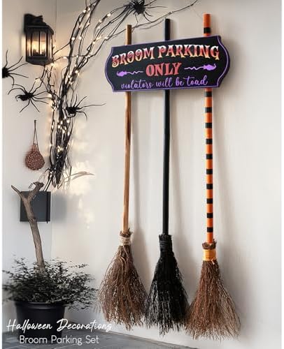 Halloween Decorations - Broom Parking Sign with 3 Wooden Witches Brooms by ORIENTALCHERRY