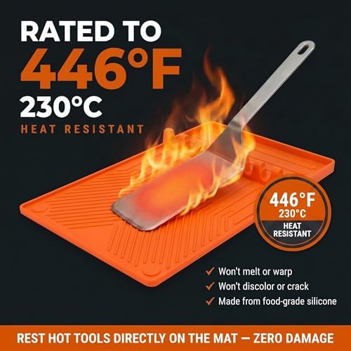 Magnetic Silicone Side Shelf Mat for Blackstone Griddle - 4 Corner Magnets, Extra Thick, Linear Drip Channels, 446°F Heat Resistant, 16"x11.5", Fits Weber Traeger Pit Boss (Orange 2-Pack) - Image 7