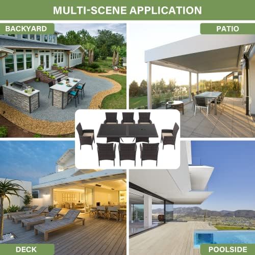 ALAULM 10 Piece Outdoor Patio Dining Set for 8 All-Weather Wicker Patio Furniture Set w/Tempered Glass Tabletop, Removable Cushions and Umbrella Hole for Patio, Backyard, Garden, Poolside (Brown) - Image 7
