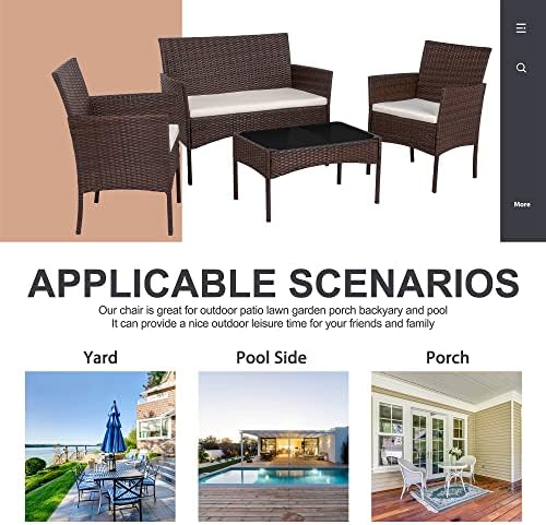 Shintenchi 4 Piece Outdoor Patio Furniture Set, Wicker Rattan Patio Conversation Set, Outdoor Chairs and Loveseat with Coffee Table for Porch, Yard & Poolside (Brown) - Image 7