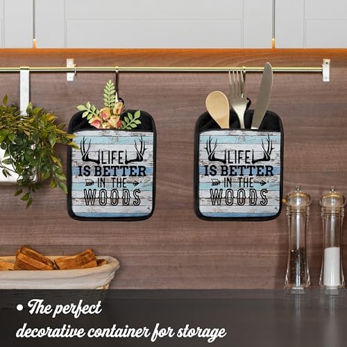 Hunting Cabin Gifts Pot Holders with Pockets, Life is Better in The Woods Moose Pot Holders Heat Resistant Oven Mitts Hot Pads for Kitchen Baking Cooking,Potholders for Kitchens - Image 3