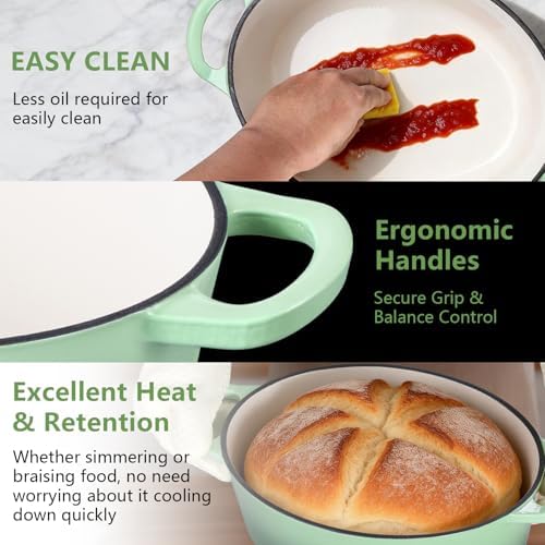 P&P CHEF Oval Dutch Oven with Lid, Enameled Cast Dutch Oven Pot for Bread Baking, Braising, Stewing, Roasting, Non-Stick & Oven Safe, Dual Handles & Easy Clean, 7QT & Pistachio Green, Valentine's Day - Image 3