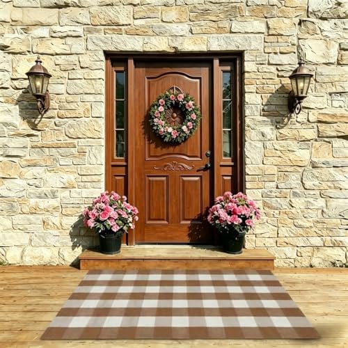 SEEKSEE Fall Decor Buffalo Plaid Outdoor Rug 3' x 5' Coffee and White Front Door Mat, Layering Rug for Porch, Fall Doormat, Front Porch Rug for Outdoor Entrance Entryway Patio Porch Decor - Image 4