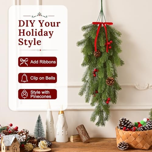 Waipfaru 4Pcs Artificial Hanging Plants, Pine Christmas Teardrop Swag - Image 6