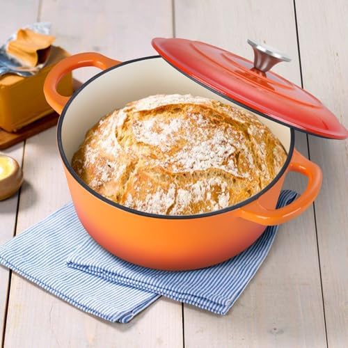 E-far 3 Qt Enameled Cast Iron Dutch Oven with Lid, Small Round Nonstick Dutch Oven Pot for Bread Baking Braising Stews Roasting Cooking, Heavy Duty, Induction & Oven Safe - Orange - Image 5