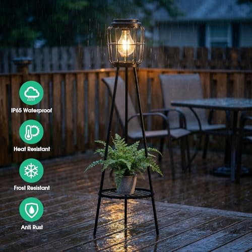 VISFLAIR 2 Pack Solar Lights with Plant Stand, Outdoor Floor Lamp, Waterproof Solar LED Edison Bulb Floor Lamps for Patio Porch Deck Yard Garden Decor - Image 4