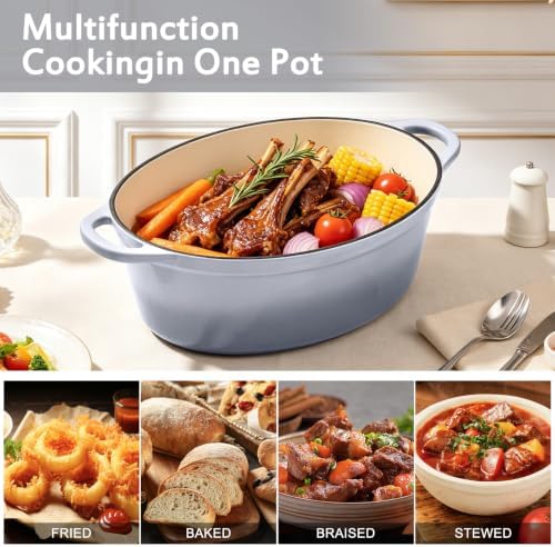 Enameled Oval Dutch Oven Pot with Lid, 7 QT Cast Iron Dutch Oven with Dual Handles for Cooking, Bread Baking, Frying, Non-stick Enamel Coated Oven (Grey) - Image 6