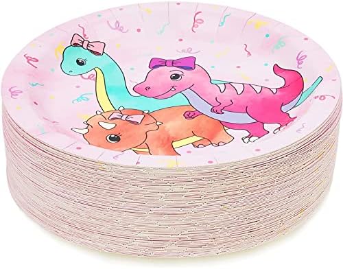 BLUE PANDA Happy Birthday Dinosaur Pastel Cake Paper Plates - 80-Pack, 9-Inch, Multicolor - Pink Dinosaur Party Plates for Birthday Party Tableware - Image 4