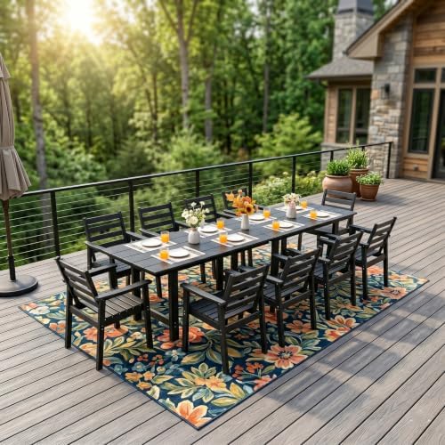 12-Piece Outdoor Dining Set, All-Weather HDPE Patio Furniture, Two 66.5" Slatted Table with 1.6" Umbrella Hole & 10 Ergonomic Armchairs, Heavy Duty 350lbs Capacity, UV Resistant, Black - Image 6
