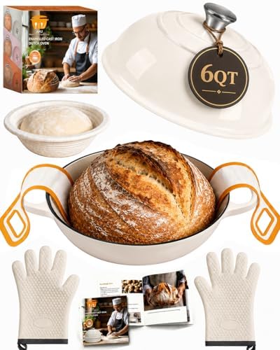 AHJ 6QT Dutch Oven For Bread Baking, Enameled Cast Iron Dutch Oven Pot with Lid, Multi-Functional Bread pan, Sourdough Baking Supplies with Proofing Basket, Cast Iron Bread Oven, Silicone Sling & Gloves. by AHJ