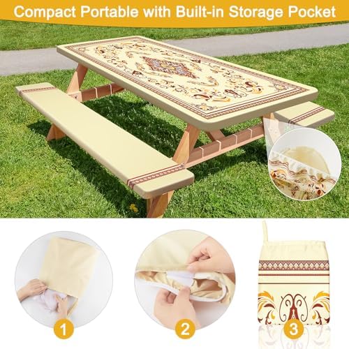 Picnic Table and Bench Cover Set, Waterproof Fitted Elastic Cloth - Image 3