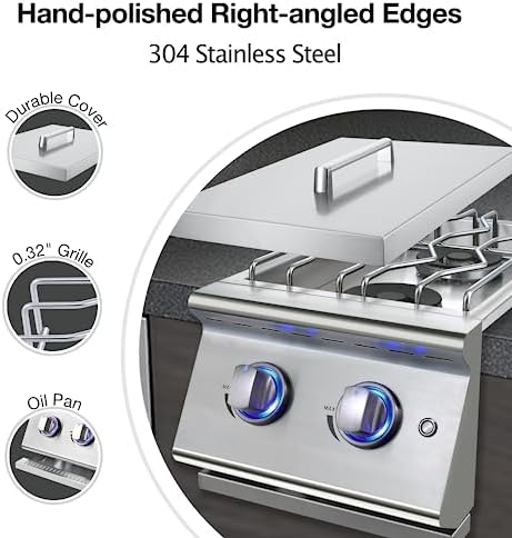Double Grilling Side Burners for Outdoor Kitchen, 2 * 15,000BTU Liquid Propane Burners, Duty Heavy 304 Stainless Steel, Built-in Side Burner for BBQ Island Grill, with Natural Gas Kit - Image 4
