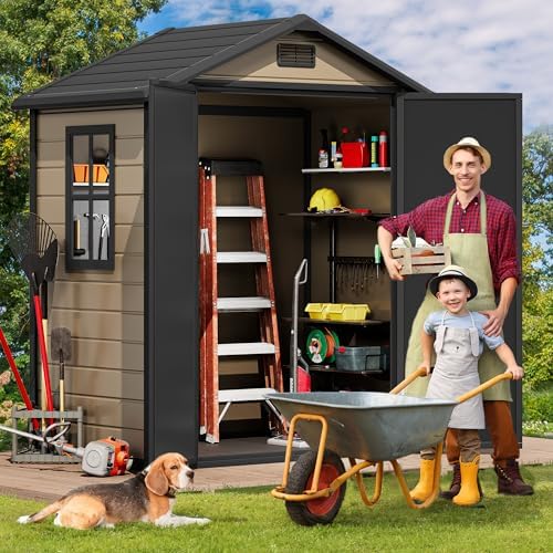 DWVO 6.2x3.4 FT Outdoor Resin Storage Shed with Floor, All-Weather Bike Storage Shed with Lockable Door, Window and Vent, Waterproof Plastic Tool Storage for Garden, Backyard, Patio, Lawn, Brown - Image 3