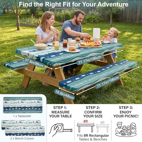 Picnic Table Cover with Bench Covers - Waterproof Fitted Tablecloth for 6 Ft Rectangle Tables, Windproof Elastic Edge Camping Essentials RV Accessories with Integrated Storage Bag - Image 6