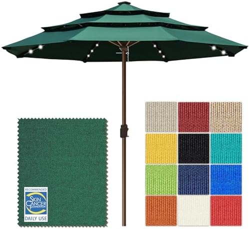 EliteShade USA 10-Year-Non-Fading 10ft 3-Tier Market Patio Umbrella, Commercial Table Umbrella with 80 Solar LED Lights, Crank Open, Windproof & UPF 50+ UV Protection for Garden, Deck, Pool, Backyard, No Tilt, Forest Green by EliteShade