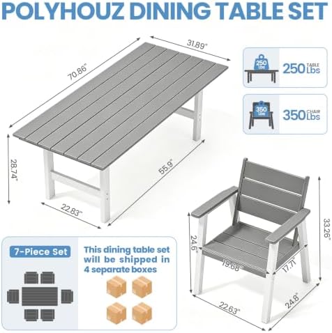 Outdoor Dining Set for 6, 7-Piece Patio Table and Chairs Set, HDPE Outdoor Dining Table and Chairs with Umbrella Hole, All-Weather Dining Furniture Set,White Grey - Image 3