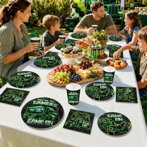 168 Pcs Video Game Birthday Party Decorations Neon Green Gaming Truck Plates and Napkins Cups Tableware Set for Boys Men Level Up Game On Theme Night Birthday Party Supplies Serves 24 - Image 6