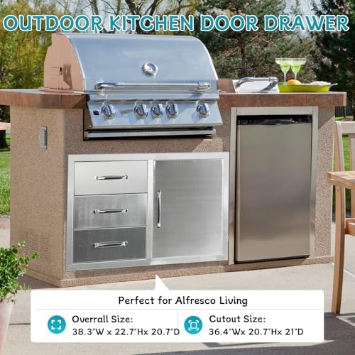 Outdoor Kitchen Door Drawer Combo Cabinet,38.1W x 22.6H x 20.8D Stainless Steel with Handles,Triple Drawers & BBQ Access Combo for Outdoor Kitchen Island (Drawer with Handle and Right Door Combo) - Image 3