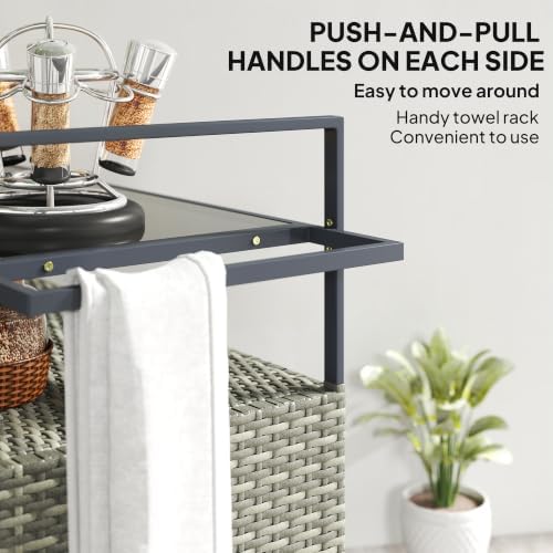 Outsunny PE Rattan Outdoor Storage Cabinet Bar Cart, Wheels, Mixed Gray - Image 6