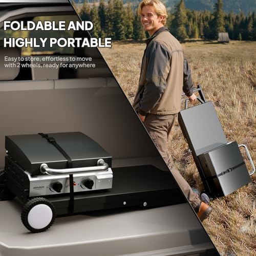 Bonnlo Foldable Flat Top Grill with 2 Burner & Lid, Powerful 20,000 BTU Propane Gas Grills with Ignition, Enamel Griddle, Side Shelf & Portable Cart with Wheels for Outdoor Camping Hibachi Grill Use - Image 3