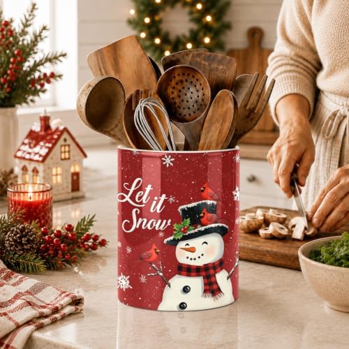 Christmas Snowman Kitchen Utensil Holder, Let It Snow Large Ceramic Utensil Holder For Countertop Organizer, 6.3'' Winter Cooking Utensil Crocks Festivel Decor Utensil Storage Cup for Kitchen - Image 2