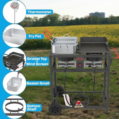100,000BTU, Outdoor Propane Deep Fryer & Grill Griddle Combo, Double Burner - Image 2