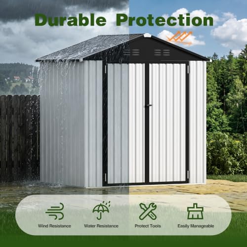 6 x 4 FT Outdoor Storage Shed, Waterproof Metal Garden Tool Shed with Gable Sloped Roof, Magnetic Light, Lockable Door & Air Vents for Backyard Patio Lawn, White - Image 7