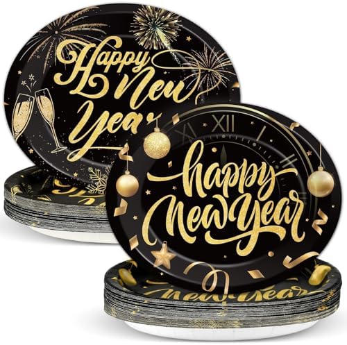 50PCS Happy New Year Oval Paper Plates 11”Large Heavy Duty Black and Gold 2026 New Year's Eve Party Decorations Year of the Horse Disposable Dessert Supplies NYE Holiday Evening Party Tableware Set by Qyeahkj