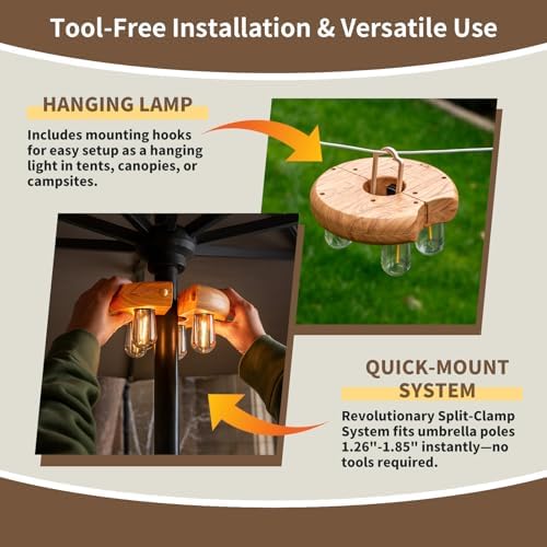Wood Grain Patio Umbrella Light with Remote Control, Rechargeable Cordless LED Edison Bulbs Pole Light with 10 Brightness Levels for Garden, Patio, Backyard, Camping or BBQ (1 Pack) - Image 2