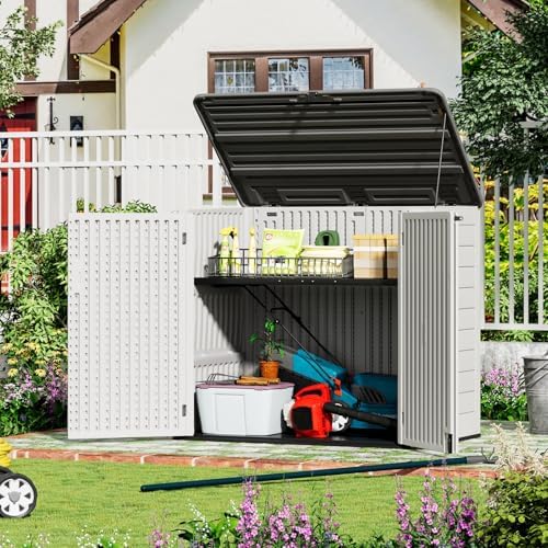 ZZM Large Outdoor Storage Shed, 48 Cu Ft Resin Versatile Storage Cabinet for Patio Accessories, Trash Cans & Garden Tools, Durable Horizontal Storage Box with Lockable Lid (White) - Image 2