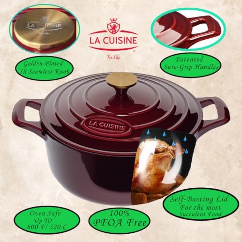 La Cuisine Enameled Cast Iron Dutch Oven Casserole Pot with Golden handle for Lid, Internal Matte Black Enamel Coating, 5 QT 10.5" / 26cm Ø, Oven-Safe 550°F/276°C, Cranberry - Image 2