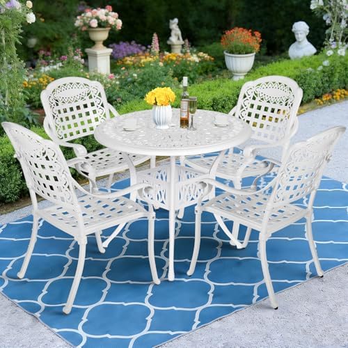 MEETWARM 5-Piece Outdoor Patio Dining Set, All-Weather Cast Aluminum Patio Conversation Set for Backyard Garden Deck with 4 Chairs and 35.4" Round Table with Umbrella Hole, White by MEETWARM