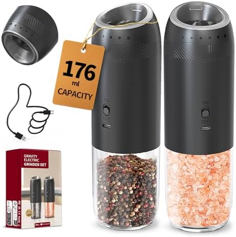 CIRCLE JOY Rechargeable Electric Salt and Pepper Grinder Set with Base, Automatic Pepper Mills with 110ml Container, External Adjustable Coarseness, White Led Light and One-Handed Operation, Black by CIRCLEJOY