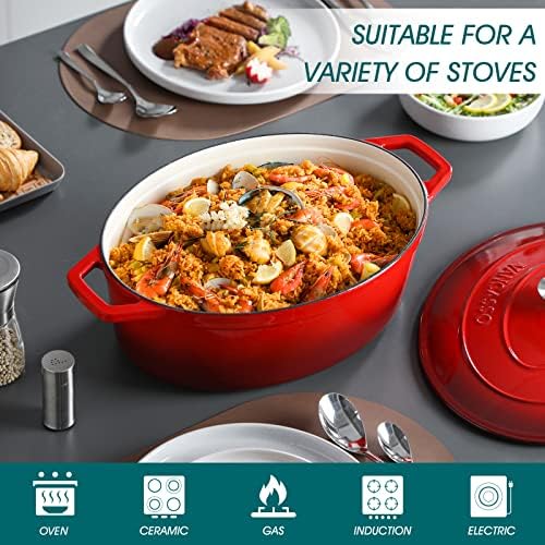 vancasso 9.3 Qt Oval Enameled Cast Iron Dutch Oven with Lid, Red - Image 3