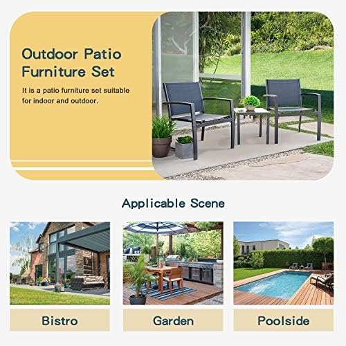Homall 3 Pieces Patio Furniture Set Outdoor Patio Conversation Textilene Bistro Set Modern Porch Lawn Chairs with Coffee Table for Home and Balcony (Black) - Image 3