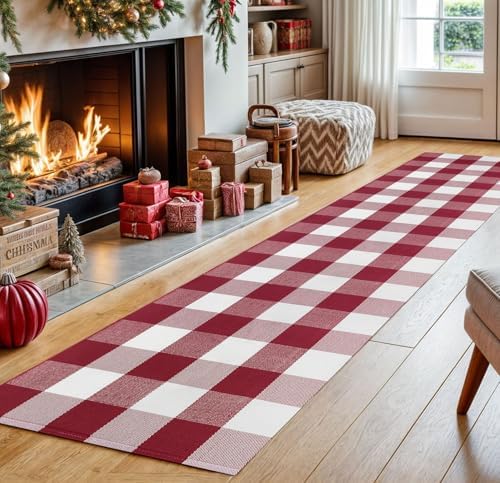 IOHOUZE Christmas Buffalo Plaid Runner Rug 2x8, Washable, Red White by iOhouze