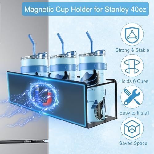 Strong Magnetic Stanley Cup Holder for Fridge, 2 Pack Magnetic Water Bottle Holder for Fridge with 1 Lid Rack & 6 Hooks, Space-Saving Storage Rack for Kitchen Fridge, Black - Image 6