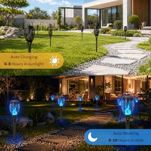 8 Pack Solar Lights Outdoor, Blue Flickering Flame Torches - Image 6