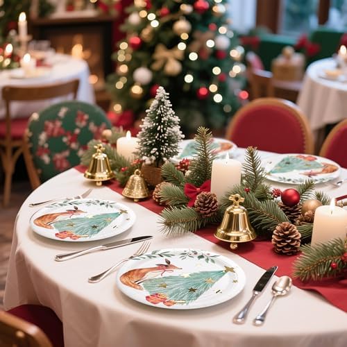 WRAPAHOLIC 25Pcs Christmas Paper Plates - 9 Inch Gold Foil Forest Fox Disposable Plates Decorative Dinner Plates for Christmas Party Tableware Supplies Table Decor - Image 4