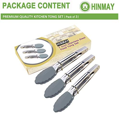HINMAY 7 Inch Silicone Utility Tong Kitchen Tongs, Set of 3 (Gray) - Image 2