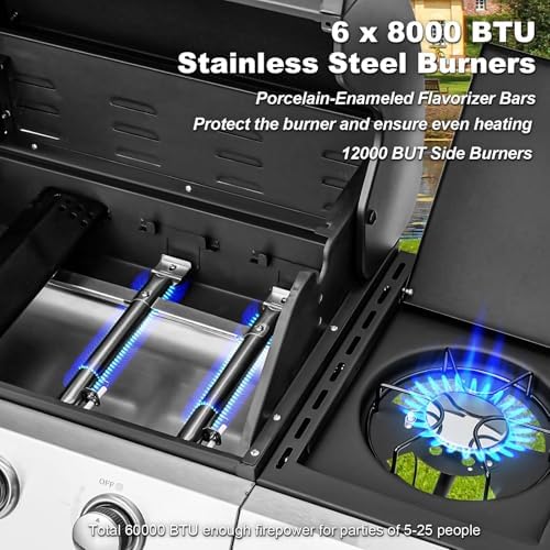 MELLCOM Upgraded 60,000 BTU Stainless Steel Burner Barbecue Grill, 6 Burner BBQ Propane Gas Grill with Side Stove & Cast Iron Grates for Patio, Camping, Outdoor Cooking - Image 5