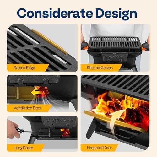 VIVOHOME Rectangle Cast Iron Charcoal Grill with Double-Sided Grate - Image 6