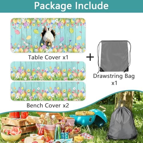 Easter Picnic Table Cover with Bench Covers, Cute Bunny Flower Blue Wooden Board Camping Tablecloth, Waterproof Windproof, Fitted Tablecloth Cover with Elastic Edge, for Outdoor, 3 PCS, 30x72 Inch - Image 5