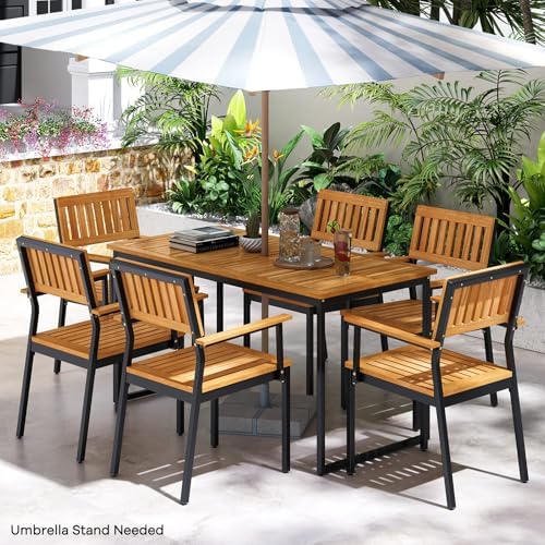 Tangkula 7 Piece Outdoor Dining Set for 6, Acacia Wood Rectangular Dining Table & 6 Armchairs w/Metal Frame, Umbrella Hole, Farmhouse Dining Furniture Set for Garden Porch Poolside Yard by TANGKULA